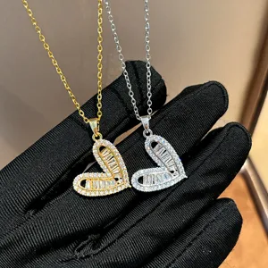 Korean style hollow heart diamond pendant necklace gold and silver dual color chic clavicle chain