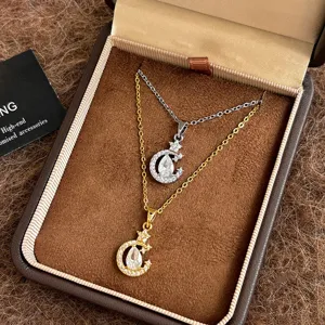 Elegante doppelschichtige Mond Zirkon Halskette Set, exquisite Silber und Gold Kette für Damen.