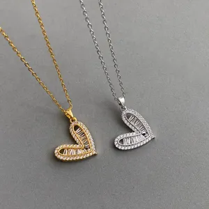 Korean style hollow heart rhinestone pendant necklace, elegant clavicle chain jewelry for women.