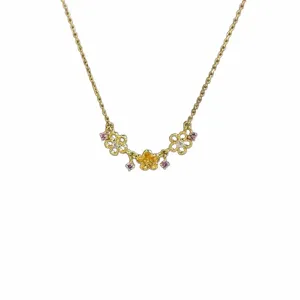 Gold floral necklace with pink and white crystal stones, elegant sweet style pendant jewelry for women.