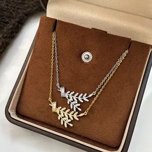 Sparkling Zircon Wheat Leaf Titanium Steel Necklace Detail View - Elegant Clavicle Chain Jewelry