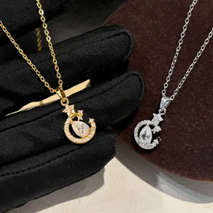 Glänzende Mond Zirkonia Anhänger Halskette, elegante Damen Schlüsselbeinkette, Modeschmuck.