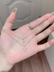 Double layered rhinestone cross pendant necklace silver clavicle chain fashion women jewelry