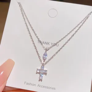 Double layer cross pendant necklace, silver rhinestone clavicle chain, sweet and cool jewelry.