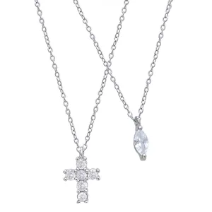 Double layer cross necklace for women silver tone clavicle chain fashion jewelry chic pendant