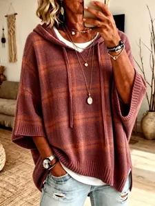 Casual women's knit hooded poncho sweater loose fit long sleeve streetwear daily outfit new style