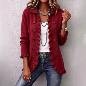 Women solid color long sleeve ruffle knit cardigan stylish button up casual sweater top