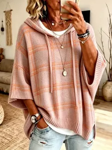 Stylish casual women's knitted hooded plaid poncho sweater loose half sleeve top now.