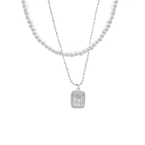 Double layer layered cubic zirconia pearl pendant necklace for women fashion jewelry.