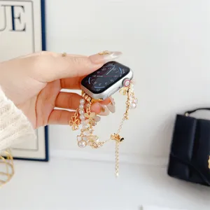 Bracelet de montre trèfle à quatre feuilles perles métal compatible Apple Watch bijoux de luxe