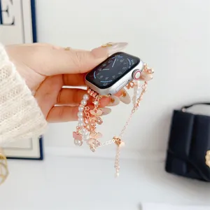 Bracelet métal perle trèfle pour Apple Watch S10 S9 SE, détail de bracelet floral.