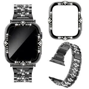 Schwarze Strass Metall Uhrengehaeuse und Armband Set kompatibel mit Apple Watch Luxus Accessoire.