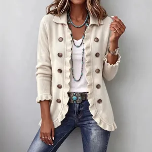 Women's solid color long sleeve ruffle knit cardigan casual button sweater top fashion apparel