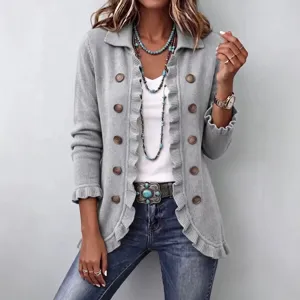 Women solid color long sleeve ruffle knit cardigan fashion casual button outerwear main view