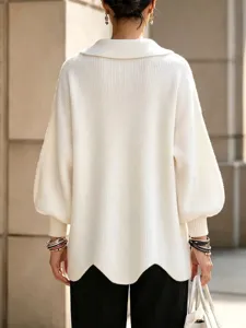 Back view of women solid knit sweater with lapel and wavy hem, casual long sleeve top.