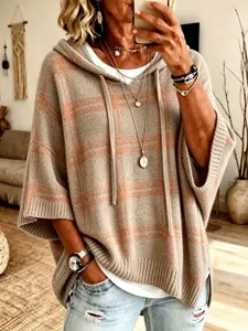 Women Plaid Hooded Knitted Poncho Sweater Casual Loose Drawstring Half Sleeve Pullover