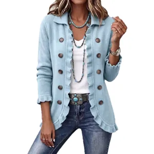 Women solid color long sleeve ruffle knit cardigan fashion casual button sweater outerwear.