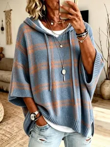 Casual blue plaid knitted hooded sweater for women, loose drawstring pullover knit top.