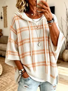 Women casual knitted plaid hooded poncho sweater loose pullover top daily fashion wear outfit