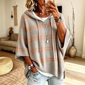 Women's Casual Plaid Knit Hooded Poncho Sweater Loose Drawstring Half Sleeve Top Vintage Checkered Knitwear Outerwear