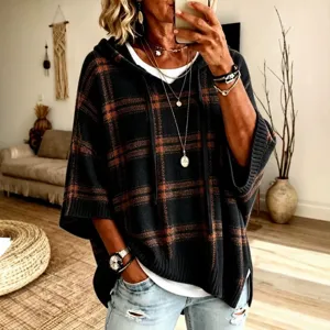 Women Plaid Hooded Knit Poncho Casual Loose Drawstring Sweater Autumn Fashion Outerwear