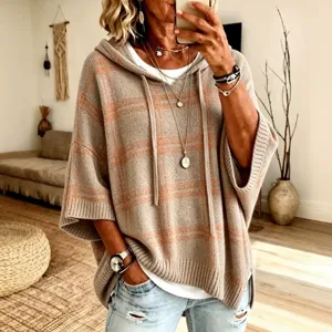 Women casual plaid hooded knitted poncho sweater loose outerwear for autumn winter daily wear