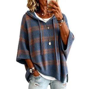 Women Plaid Hooded Knit Sweater Casual Loose Drawstring Poncho Fall Outerwear for Daily Wear
