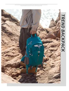 Outdoor hiking backpack detail view, large capacity blue tactical daypack for travel.