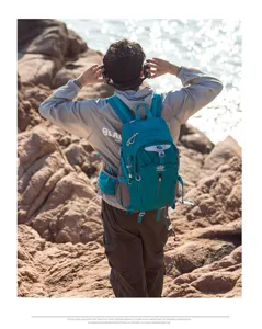 Outdoor hiking backpack detail view showing large capacity and ergonomic straps in nature.