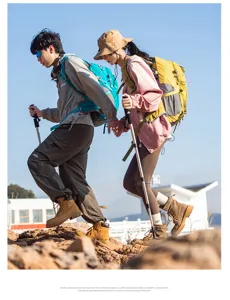 Detail shot of outdoor waterproof hiking backpack for men and women, large capacity design.