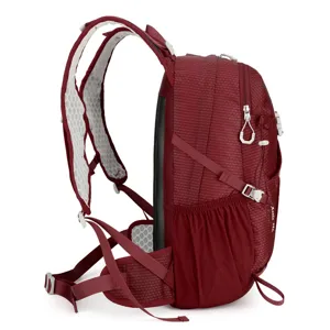 Maroon outdoor hiking backpack side view showing breathable mesh shoulder straps and compartments.