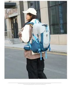 Detailed view of the 30L waterproof nylon outdoor hiking travel backpack in gray and blue.