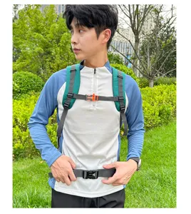 Outdoor travel hiking backpack detail shot, showing adjustable shoulder straps and buckles.