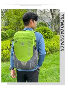 Outdoor travel hiking backpack detail view, large capacity green and grey mountaineering bag