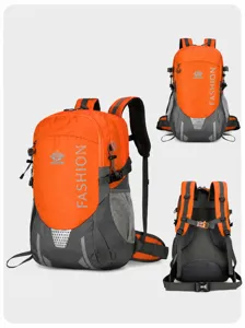Large capacity outdoor mountaineering backpack in orange and grey with multi-angle views.