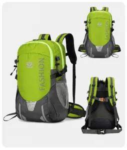 Green outdoor hiking backpack, multi-angle view showing large capacity, breathable back and straps.