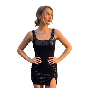 Black sequin slip mini dress with side slit for party night club sexy style detail view