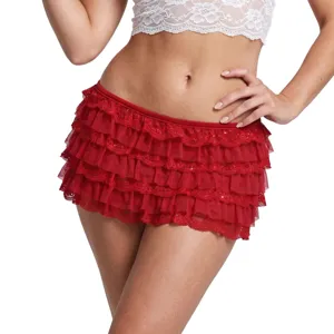 Mini-jupe rouge sexy à volants en dentelle multicouche, tutu élégant pour les femmes.