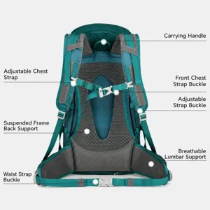 Professional outdoor hiking backpack with breathable suspension frame and adjustable straps.