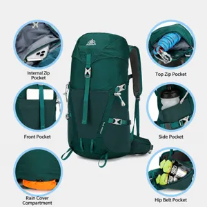Outdoor hiking backpack detail view showcasing multiple storage pockets and functional design.