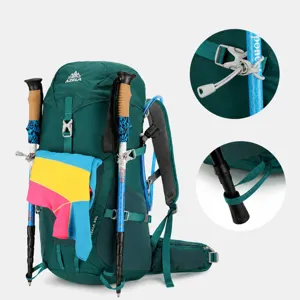 Detail view of Azela 36L hiking backpack showing trekking pole attachment system and straps.