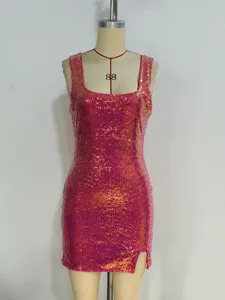 Sexy sequin square neck sleeveless mini dress for women party club wear glitter tight dress