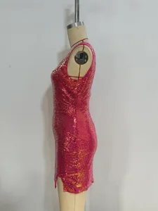 Side detail view of the sexy pink sequin sleeveless mini party dress with slim fit.