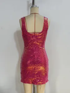 Detailed back view of sexy pink sequin backless mini dress, sparkly party wear design.