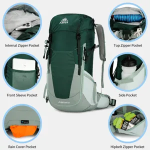 Detail view of 35L waterproof nylon hiking backpack showing multiple pockets and suspension system.