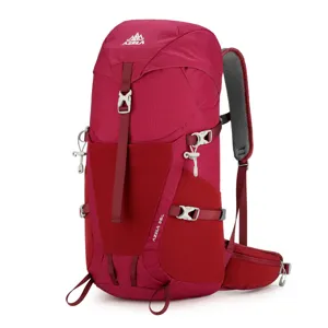 Detailed shot of the AZELA 36L professional outdoor hiking backpack in rose red.