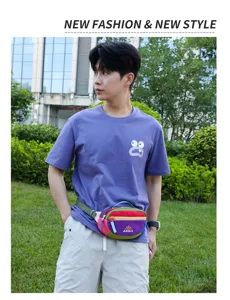Colorful contrast outdoor waist bag with water-resistant fabric, perfect for hiking and travel.
