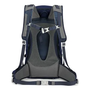 Detail view of hiking backpack back suspension system with breathable mesh and adjustable straps.