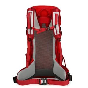 Red 35L hiking backpack detail, durable nylon waterproof outdoor traveling daypack.