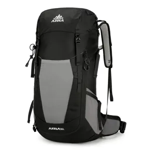 Detail of black grey 36L hiking backpack showing suspension system and waterproof fabric.